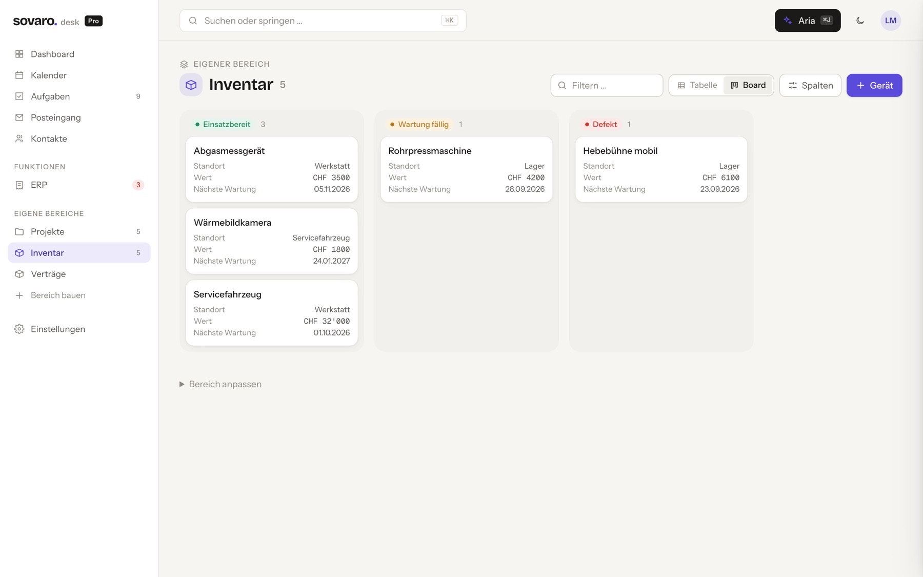 Eigener Bereich als Board-Ansicht in Sovaro Desk