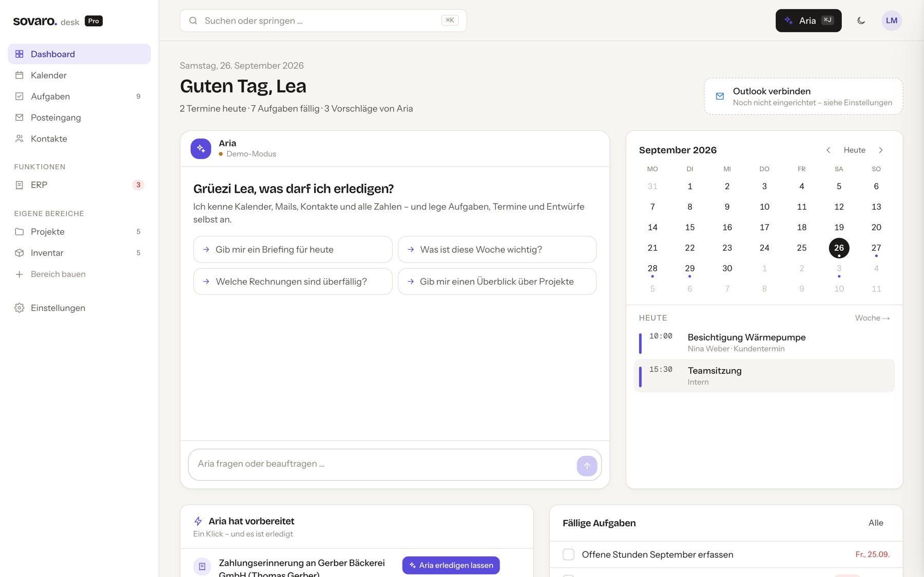 Sovaro Desk Dashboard mit Aria, Kalender und Kennzahlen
