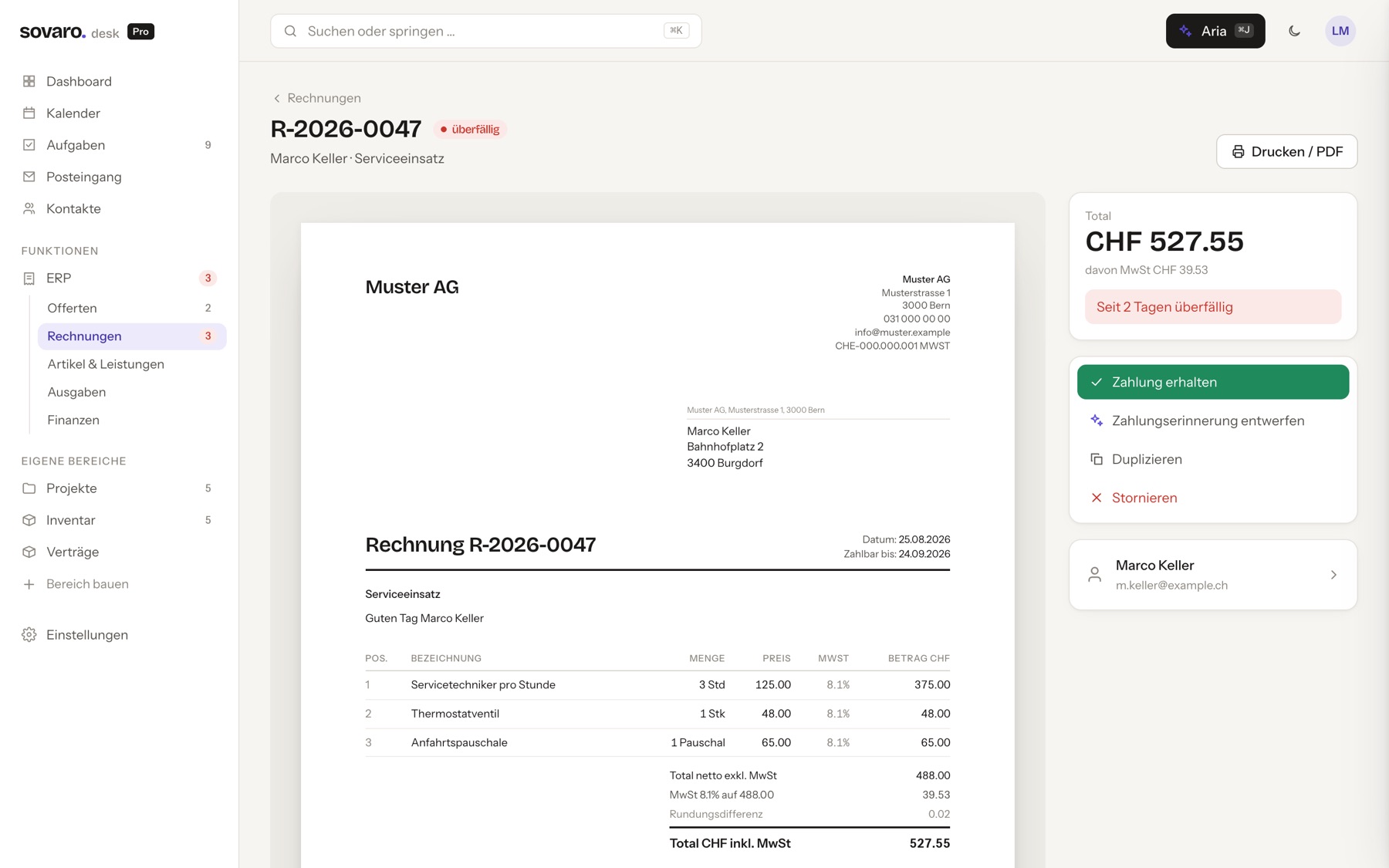 Rechnung in Sovaro Desk mit MwSt-Ausweis